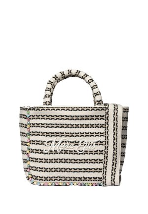 Piccola borsa a mano con righe orizzontali nere e bianche, perline multicolori sui bordi e "Marc Ellis" ricamato sul davanti.