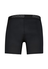 Schwarze Boxershorts aus glattem Stoff, mit einem breiten schwarzen Bund, auf dem "nomad" in Grau aufgedruckt ist. Einfaches Design und figurbetonte Form.