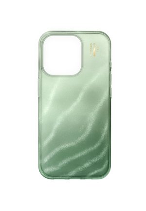 Gennemsigtigt grønt smartphone-etui med stor udskæring til kameraet og "Ideal of Sweden" gyldent logo nær øverste højre hjørne.