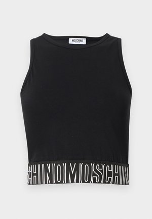 Zwarte mouwloze cropped top met ronde hals en "MOSCHINO"-logo in witte letters gedrukt op de elastische band aan de zoom.