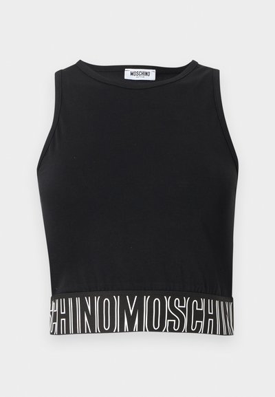 Černý bezrukávový crop top s kulatým výstřihem a logem "MOSCHINO" potištěným bílou barvou na elastickém lemu.