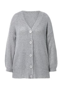 Grå stickad cardigan med V-ringning, sänkta axelsömmar och fem knappstängningar fram. Textilier med struktur och ribbad nederkant.