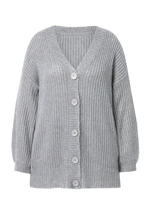 Grauer Strickcardigan mit V-Ausschnitt, herabgesetzten Ärmeln und fünf Knöpfen in der Front. Texturierter Stoff mit geripptem Saum.