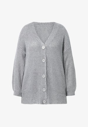 Cardigan gris tricoté avec un col en V, des manches à épaules basses et cinq boutons sur le devant. Tissu texturé avec un ourlet côtelé.