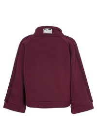 Sudadera Puma en burdeos oscuro. Presenta un cuello alto, mangas anchas y paneles laterales texturizados. Los puños y el dobladillo acanalados completan el diseño.