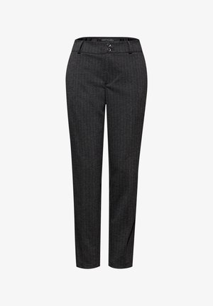 Maßgeschneiderte dunkelgraue Hose aus strukturiertem Stoff, mit schlanker Passform, zwei Knöpfen und einem gepressten Vorderteil für einen eleganten Look.