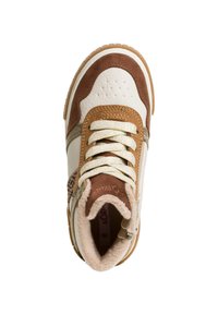 Baskets montantes marron et crème avec tige en cuir et suède, accents texturés, col rembourré et lacets contrastés. Taille 28.