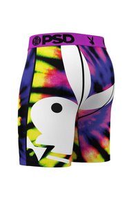 Krāsainas saistošās bokserītes ar melnu elastīgu jostu, kas apzīmēta ar "PSD", vienā pusē ir balts zaķa logotips.