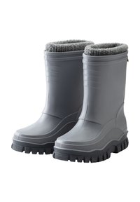 Gray waterproof boots with a textured rubber sole, cushioned gray fleece lining, and ridged detailing along the shaft for grip.