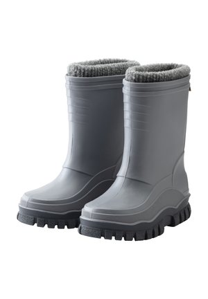 Gray waterproof boots with a textured rubber sole, cushioned gray fleece lining, and ridged detailing along the shaft for grip.