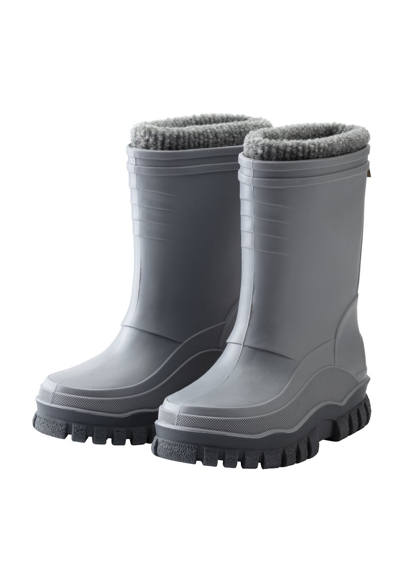 Gray waterproof boots with a textured rubber sole, cushioned gray fleece lining, and ridged detailing along the shaft for grip.