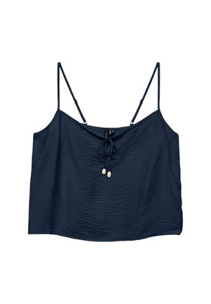 Navy cropped camisole with adjustable spaghetti straps, textured fabric, drawstring front with two decorative beads, and a relaxed fit.
