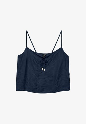 Navy cropped camisole with adjustable spaghetti straps, textured fabric, drawstring front with two decorative beads, and a relaxed fit.