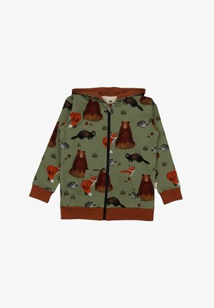 Hooded zip-up sweatshirt in green fabric, featuring animal prints of bears, foxes, and hedgehogs. Brown accents on the hood and cuffs.