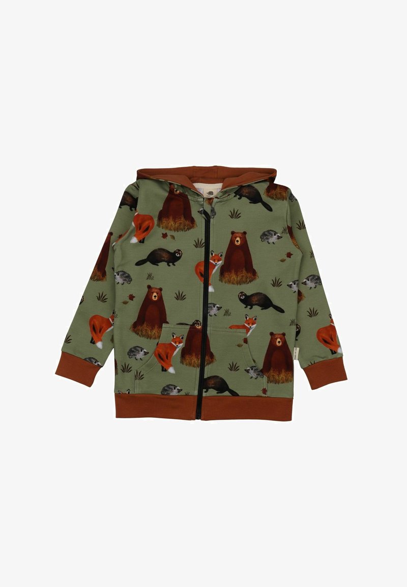 Kapuzensweatshirt mit Reißverschluss aus grünem Stoff, mit Tiermotiven von Bären, Füchsen und Igeln. Braune Akzente an Kapuze und Bündchen.