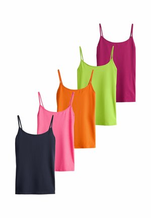 Fünf ärmellose Camisole-Tops in Schwarz, Rosa, Orange, Limettengrün und Magenta, angeordnet in einer versetzten vertikalen Linie.