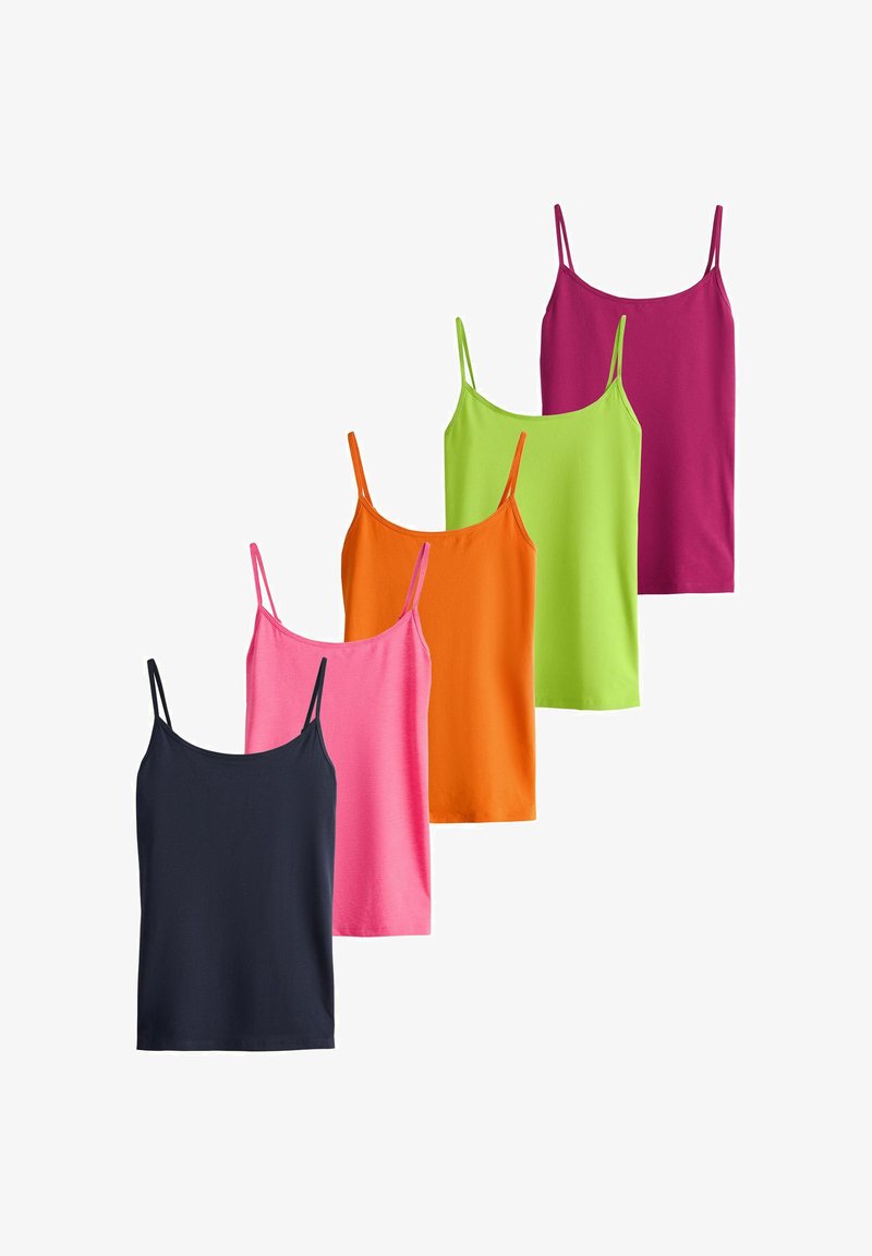 Cinq débardeurs sans manches en noir, rose, orange, vert lime et magenta, disposés en ligne verticale décalée.