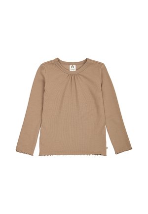 Beiges Kinderlangarmshirt mit rundem Ausschnitt und dezenten Rüschendetails an den Bündchen und am Saum, flach auf weißem Hintergrund dargestellt.