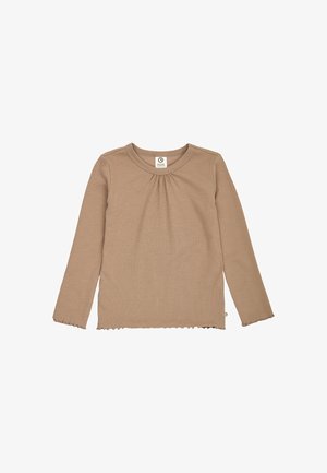 Beiges Kinderlangarmshirt mit rundem Ausschnitt und dezenten Rüschendetails an den Bündchen und am Saum, flach auf weißem Hintergrund dargestellt.