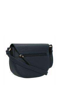 Piccola borsa a tracolla in pelle testurizzata di un blu navy scuro, con tasca frontale con zip e tracolla regolabile, mostrata su sfondo bianco.