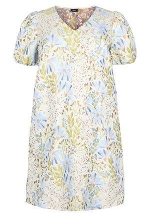 Kort blomsterkjole med puffærmer i pastelblå, grønne og beige toner og en V-hals.