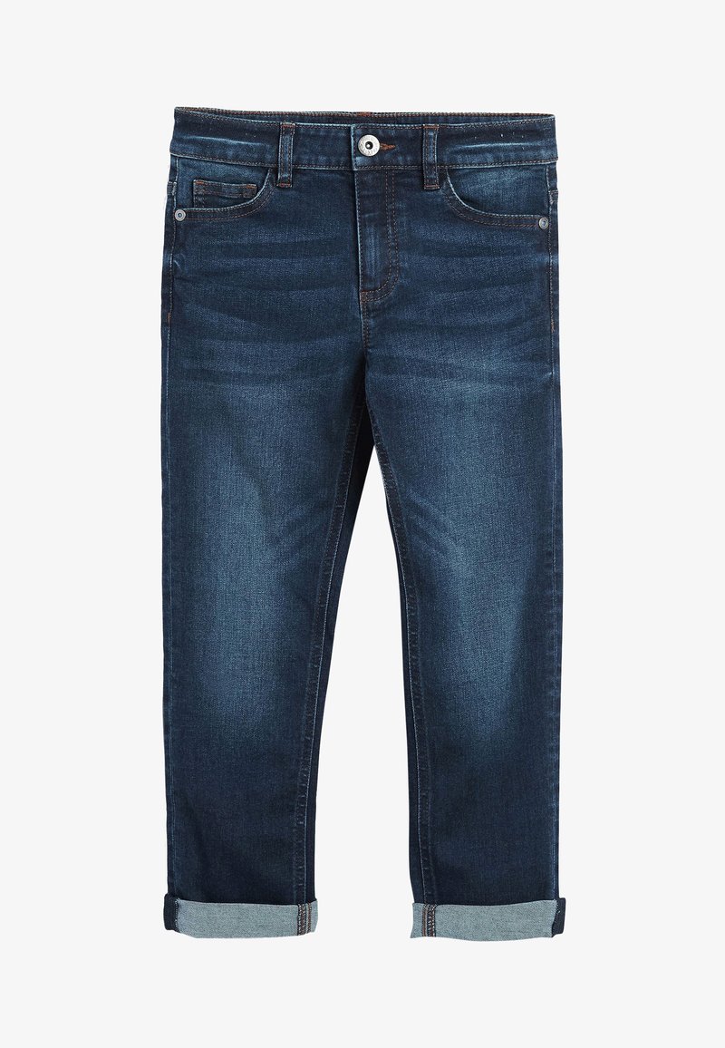 Jean denim bleu foncé à revers, cinq poches et coutures contrastées, fermeture par bouton à la taille, texture délavée sur les jambes avant.