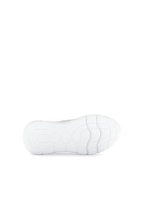 Weiße Sportschuhsohle aus strukturiertem Gummi mit geschwungener Form und geformtem Profilmuster. Marke 'Gabor' auf der Seite geprägt.