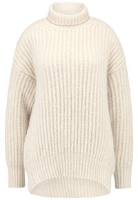 Cremefarbener, gerippter Rollkragenpullover mit überschnittenen Schultern und einem asymmetrischen Saum. Hergestellt aus einem weichen, strukturierten Strickmaterial.