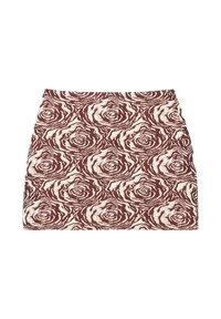 Falda corta con un patrón floral de rosas en color burdeos y crema, tejido texturizado con una silueta ajustada y cinturilla elástica.