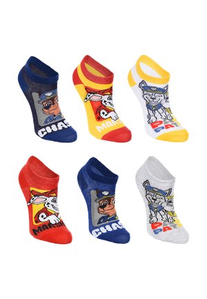 Six colorful ankle socks featuring Paw Patrol characters Chase, Marshall, and Rubble, arranged in two rows on a white background.
