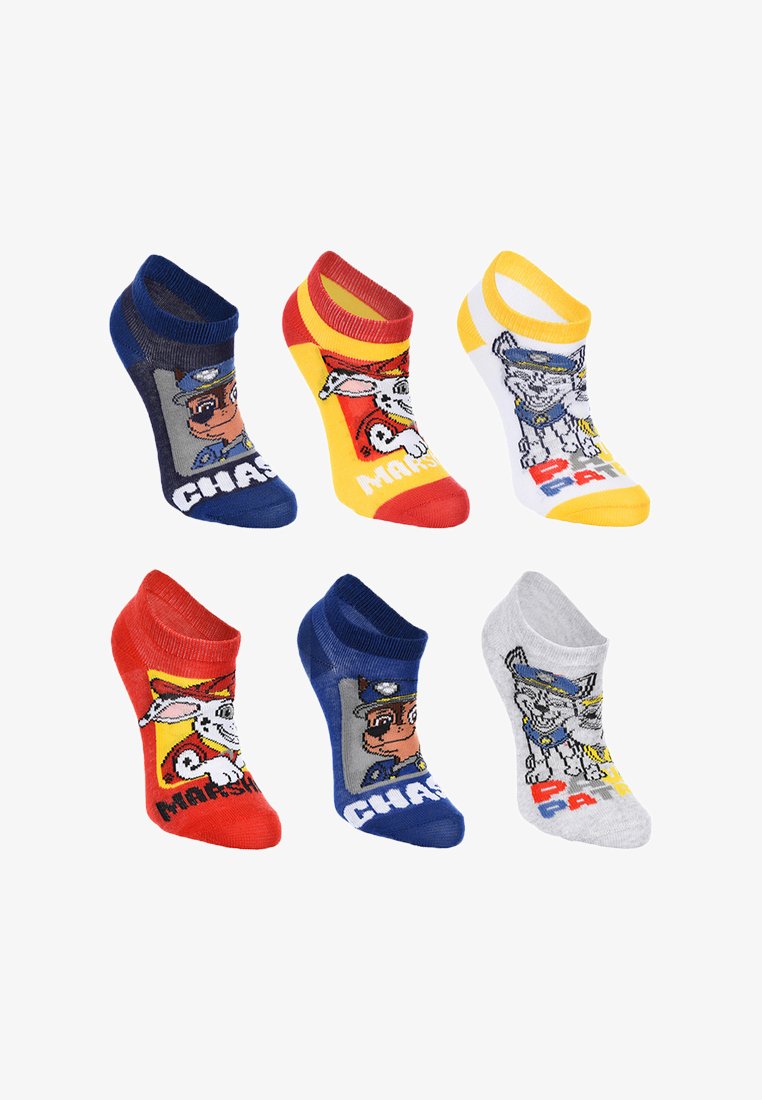 Six chaussettes colorées pour chevilles présentant les personnages de la Pat' Patrouille : Chase, Marshall et Rubble, disposées en deux rangées sur un fond blanc.
