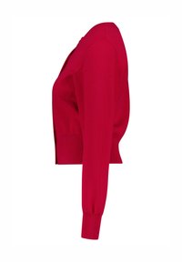 Cardigan rouge avec un design ajusté, poignets et ourlet côtelés. Fabriqué en tissu tricoté doux avec des fentes sur les côtés pour plus de confort.