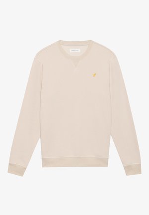 Beige långärmad crewneck sweatshirt med liten gul fågelbrodyr på vänster bröst, ribbad mudd och nederkant.