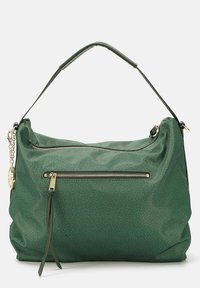 Borsa a tracolla sintetica verde con superficie testurizzata, dotata di un compartimento principale con zip, una tasca esterna con zip e una maniglia corta. Dettagli in hardware dorato.
