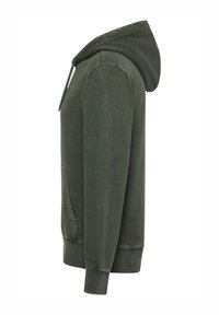 Grøn hættetrøje med tekstureret stof, kengurulomme og ribstrikkede ærmeender. Sidevinkel fremhæver den afslappede pasform og designdetaljer.