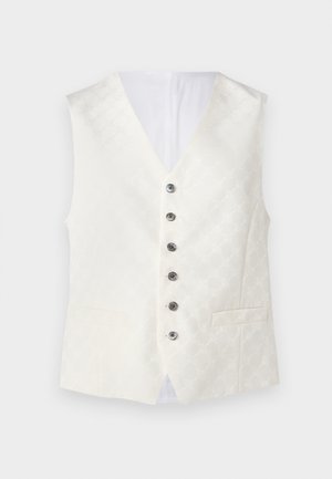 Elfenbensvest med en subtil mønstret tekstur, V-halsdesign, seks sølvknapper og to frontlommer. Glatt stoff med satinfinish.