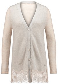 Cardigan en tricot à manches longues beige clair avec col en V, boutonnière devant et bordure en dentelle à l'ourlet.
