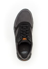 Black and gray athletic shoe with suede and mesh materials, lace-up design, padded collar, and orange logo on the tongue.