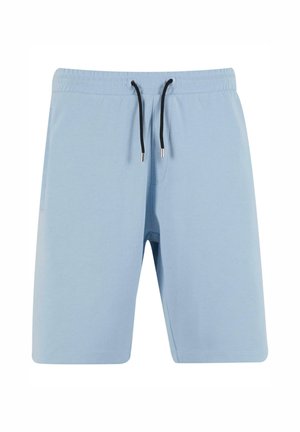 Light blue shorts made of soft fabric with an elastic waistband and black drawstring. Includes side pockets and a simple, clean design.
