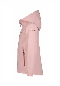 Helle rosa Softshell-Jacke mit Kapuze, Vorderseite mit Reißverschlusstasche und schwarzem "ICEPEAK"-Logo auf dem linken Arm und der Brust, Seitenansicht.