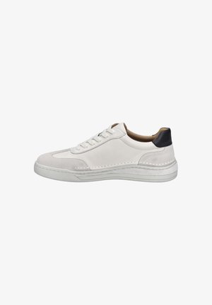 White sneaker with a suede and leather upper, round toe, white outsole, and a contrasting dark heel accent. Features lace-up closure.