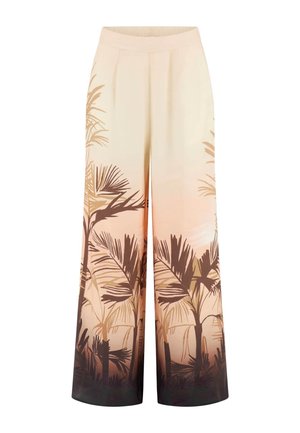 Pantalones crema de pierna ancha con cintura elástica y estampado de silueta de palmera en marrón y beige que se desvanece desde la rodilla hasta el bajo.