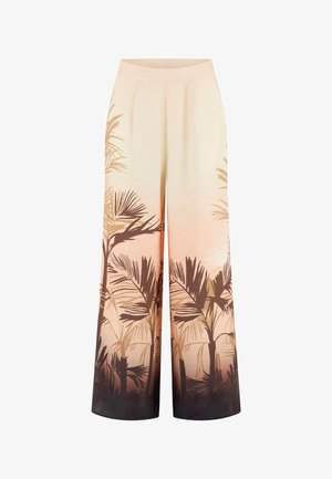 Pantalon crème à jambes larges avec taille élastique et imprimé silhouette de palmier marron et beige s’estompant du genou à l’ourlet.
