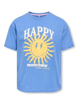 Blue short-sleeve t-shirt with a yellow smiling sun with lightning bolt eyes and text "HAPPY" and "THOUGHTS EVERYDAY Positive attitude."