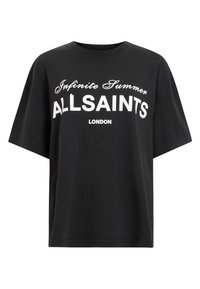T-shirt nera in cotone con vestibilità ampia, scollo rotondo e maniche corte. Presenta una stampa bianca con "Infinite Summer" e "ALLSAINTS LONDON."