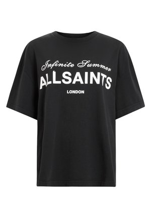 T-shirt nera in cotone con vestibilità ampia, scollo rotondo e maniche corte. Presenta una stampa bianca con "Infinite Summer" e "ALLSAINTS LONDON."