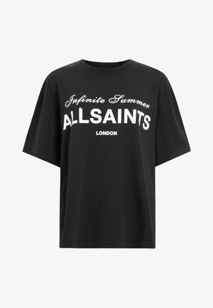 Schwarzes Baumwoll-T-Shirt mit lässiger Passform, rundem Ausschnitt und kurzen Ärmeln. Mit einem weißen Druck, auf dem "Infinite Summer" und "ALLSAINTS LONDON" steht.