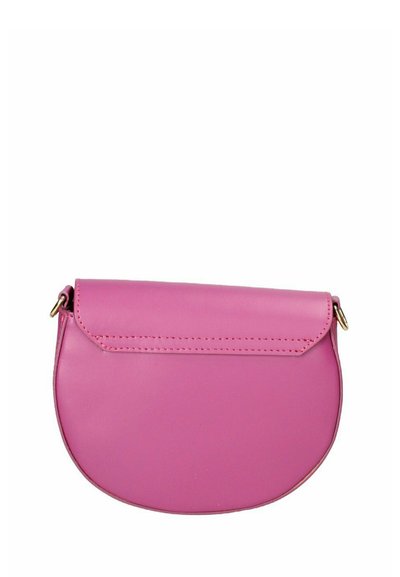 Borsa a tracolla rosa in pelle con forma arrotondata, chiusura a patta e dettagli metallici dorati. Texture liscia con sottile dettaglio di cucitura.