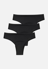 Ensemble de lingerie en coton noir, tanga, trois pièces avec ceinture élastique, texture lisse, sans motifs ni logos visibles.