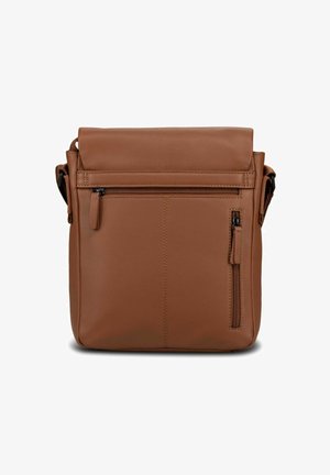 Sac messenger en cuir marron avec rabat, poche avant zippée et bandoulière réglable ; texture lisse et design minimaliste.